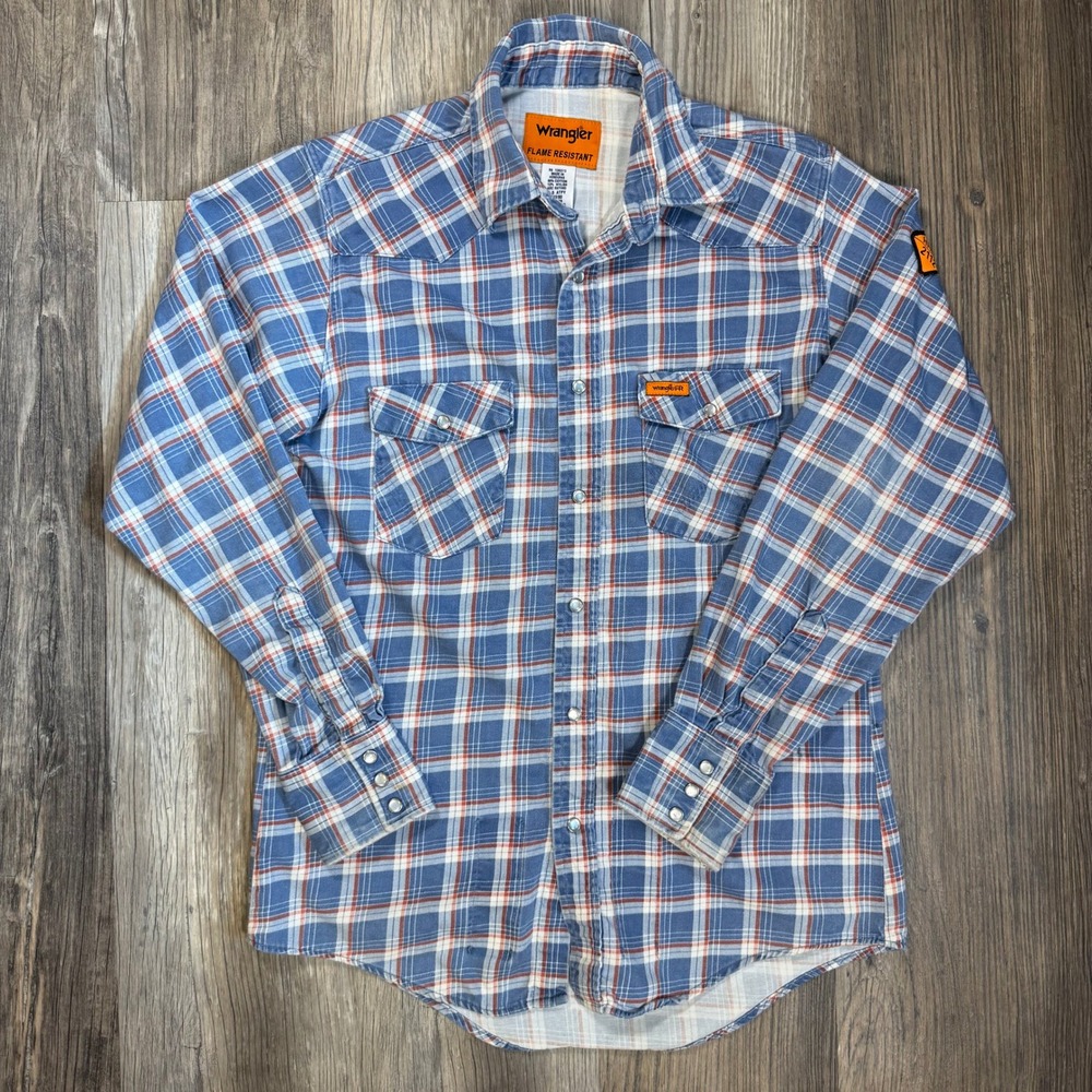 Wrangler FR Flame Resistant Western Pearl Snap Plaid Shirt Blue Mens M FR131RD